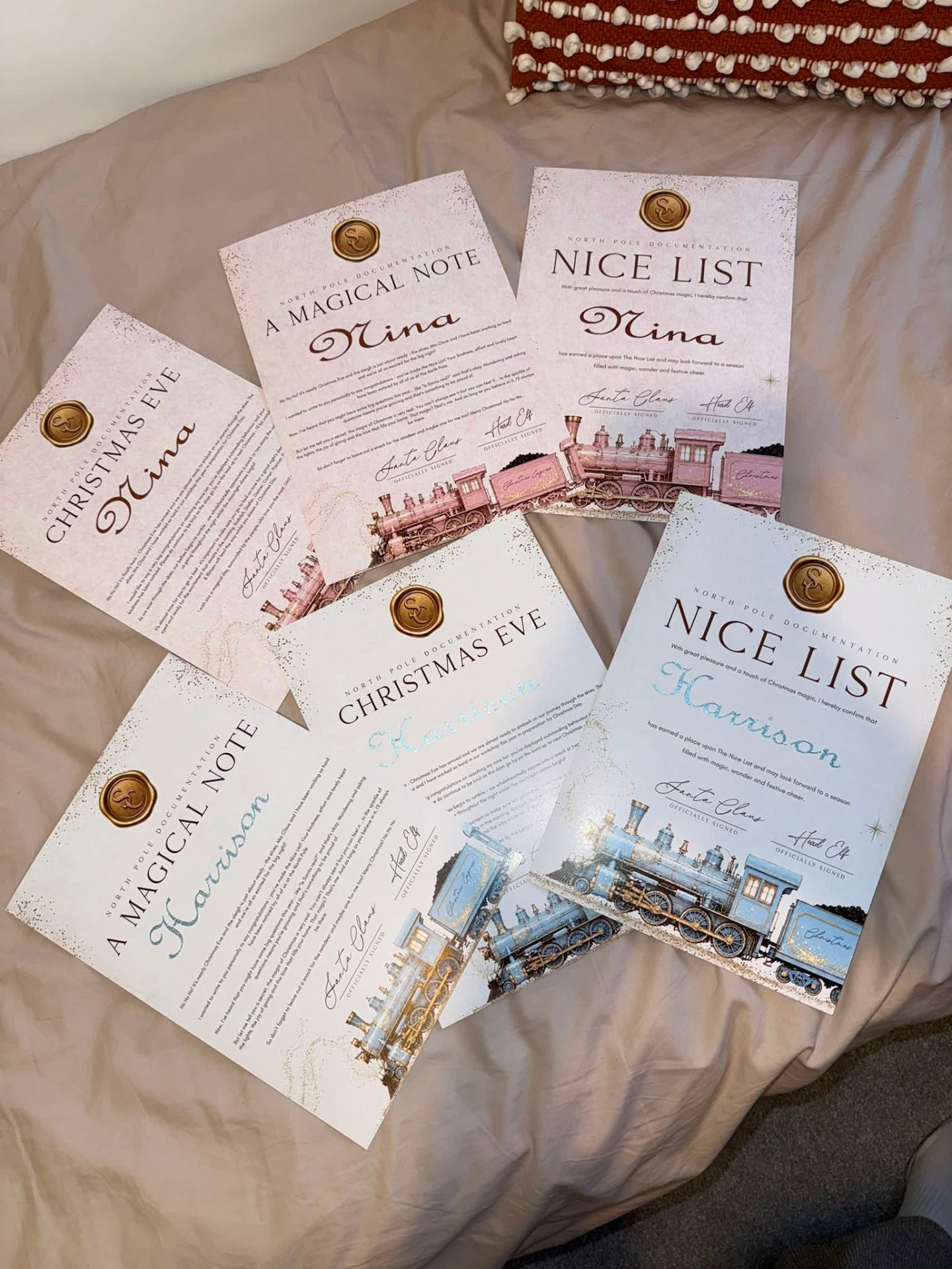 Personalised North Pole Nice List and Christmas Eve documents for Nina and Harrison
