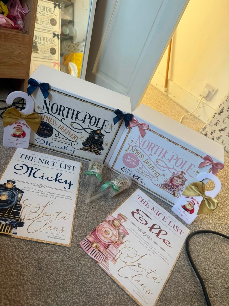 North Pole Express Delivery personalised gift boxes for Micky and Elle